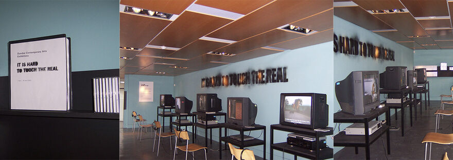 From It Is Hard to Touch the Real at DCA. Images show DCA Galleries during the event. There are rows of televisions playing different short films.