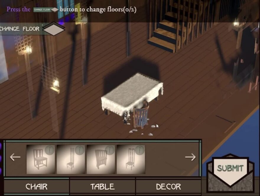 A screenshot from a furniture decorating video game shows a table being placed on a wooden floor.
