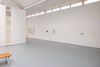 A gallery space with a wallpaper suspended from the ceiling, with two images on the far wall and three framed images on the floor