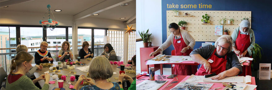 People wearing red aprons take part in craft activities at our Craft Sunday event.