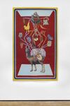 A tapestry shows an image of a camel, who is tied in ropes. From the ropes, we can see a chilli pepper, a skull, a butterfly and a rooster. The camel is standing against a red background.