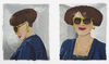 Two paintings of a feminine person with sunglasses and golden drop earrings, a short brunette haircut, red lipstick, a blue square neck top and gold chains round her neck. The painting on the left shows her in profile, looking down. The right hand handing shows her smiling, looking straight at the viewer through her sunglasses. The background is grey and we can only see the person's head and shoulders.