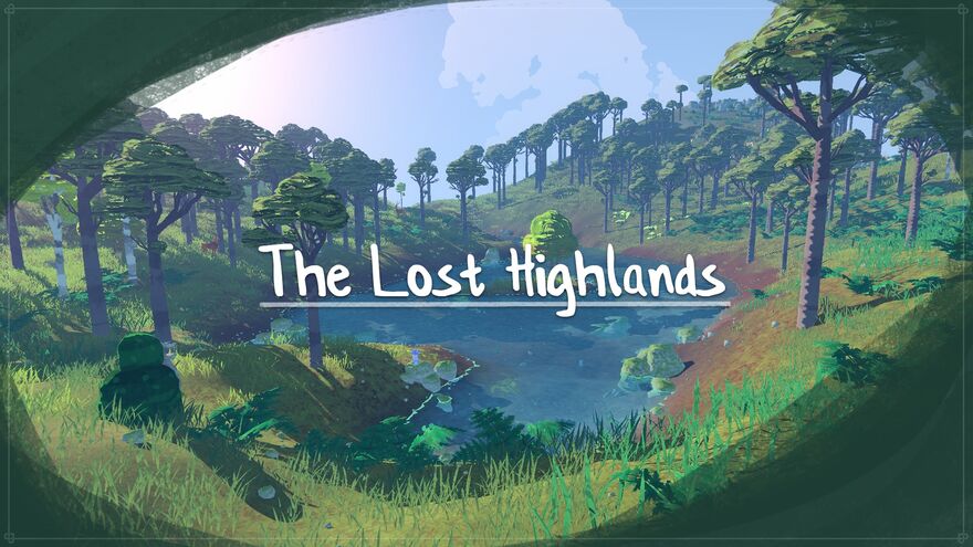 The title screen from the video game The Lost Highlands shows a forest scene with a lake and trees,