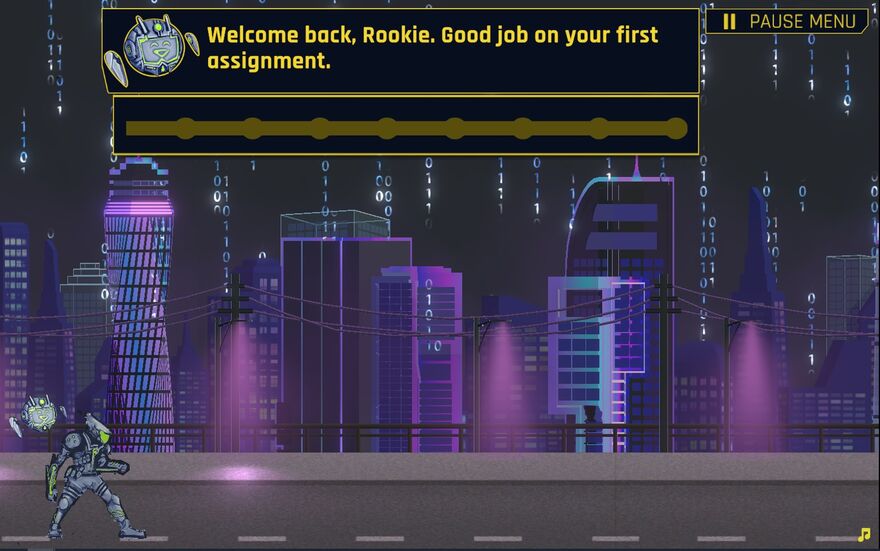 A screenshot from a video game shows a robot running down a city street with purple skyscrapers in the background.