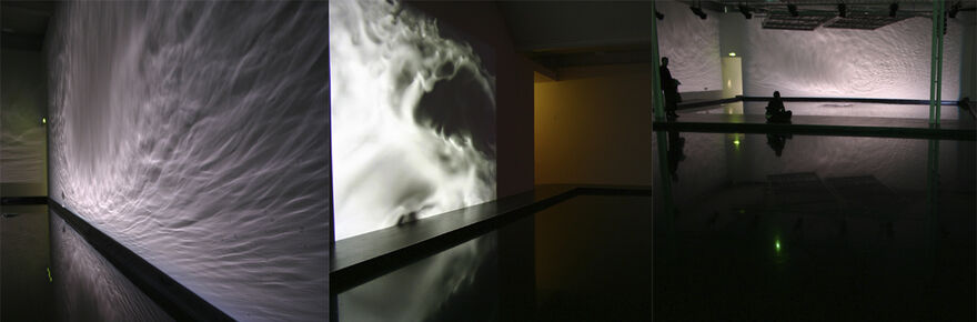 From Elizabeth Ogilvie's exhibition in DCA Galleries. Large screens use video and light to create water-like effects. The rest of DCA Gallery is lit with very low lighting.