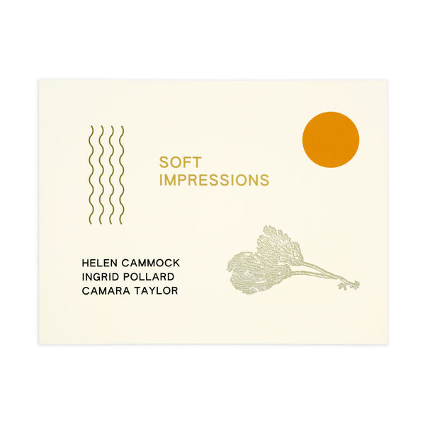 Cream cover of a landscape, softcover book with images of waves, and orange circle and a print of a plant, alongside text: SOFT IMPRESSIONS, HELEN CAMMOCK, INGRID POLLARD, CAMARA TAYLOR