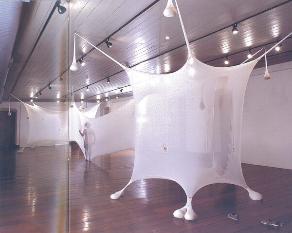 A work from Ernesto Neto - white netting is stretched out across a gallery. It is semi-transparent and people can be seen walking through it.
