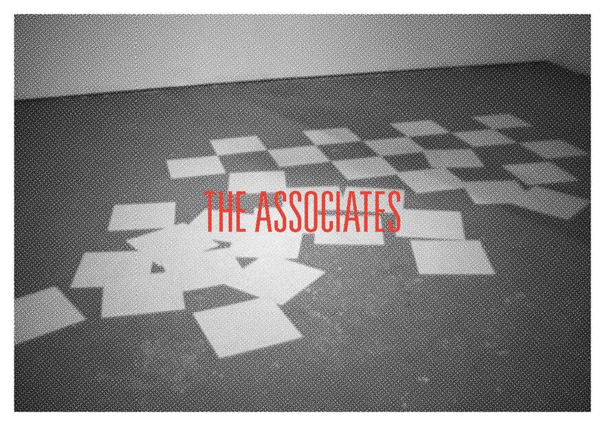 A black and white image of sheets of paper lying on the floor. In front, in red text, it say 'The Associates'