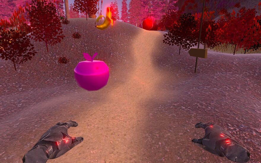 A video game screenshot in which robotic hands in a forest grab a pink floating apple.