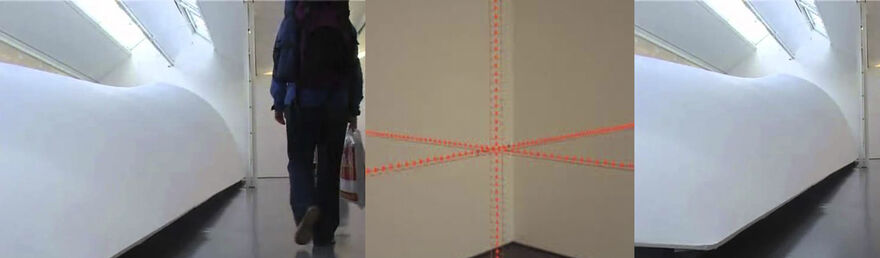 Selected images from Grönlund\Nisunen's exhibition in DCA Galleries. A huge, white, curved shape fills the gallery, almost to the height of the ceiling. In another image, orange geometric lines cover a wall.