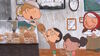 Animation still – Boris the baker gives cakes to happy children