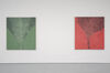 Photograph shows two paintings on a white wall. One is mainly red, to the right, and one is mainly green, to the left.