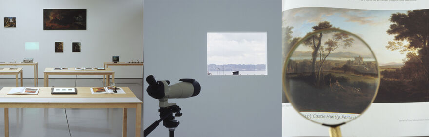Selected images from Matts Leiderstam's exhibition in DCA Galleries. In one photos, tables with books are laid out in DCA Galleries. In another, a telescope faces an image of a lake. In another, a magnifying glass is held up to a classical landscape painting.
