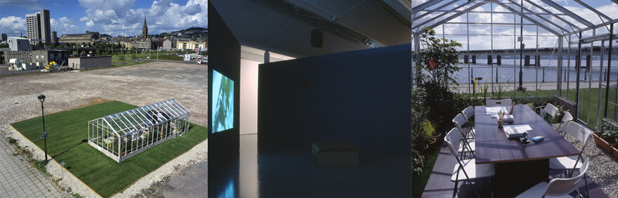Selected works from Our Surroundings. In one photo, a glass conservatory sits on a square of grass outside in Dundee. In another, a blue image can be seen on a projector in DCA galleries. In another, an image taken from within the glass conservatory shows tables and chairs, and a view of the Tay Bridge from outside.