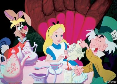 An animated still shows a little blonde girl enjoying a tea party with a rabbit and the mad hatter.