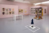 a pink gallery space with paintings prints and photos on the rear wall. In the foreground a small girls uniform and a silk banner 