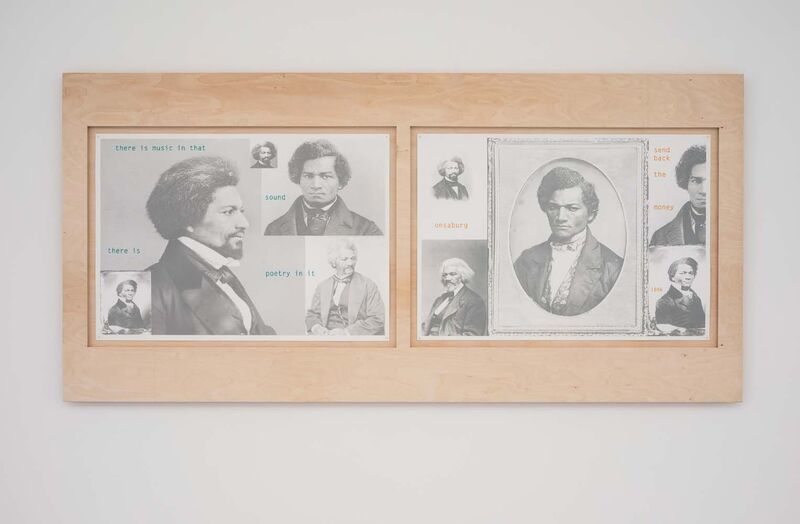 Many black and white images of Frederik Douglass a Black man looking both in profile and direct at camera with text on images and a wooden frame 