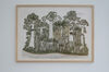 A photograph of a delicate painting of trees. 
