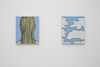 Image shows two small paintings hung next to each other on a white wall. They share a similar pallet, being mainly sky blue. The image to the right shows the back of a person's head, they have long blonde hair and we can see the tops of the shoulders, as two pink crescents at the bottom of the painting. The painting is graphic in style, with black outlines and lines depicting the strands of har. The painting to the left shows cloud forms, in a cartoonish style, similarly with black outlines and block colours.