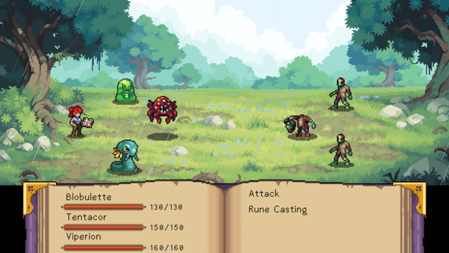 A pixel art game in which theree zombies fight colourful aliens in a forest clearing.
