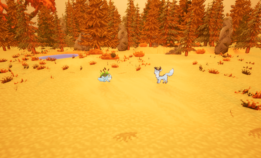 A computer drawing of a fox and a toad standing in an autumnal forest.